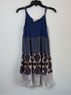 Umgee Boho Blue Mixed Print Tiered Dress Southwestern Tribal Lace Hem Medium
